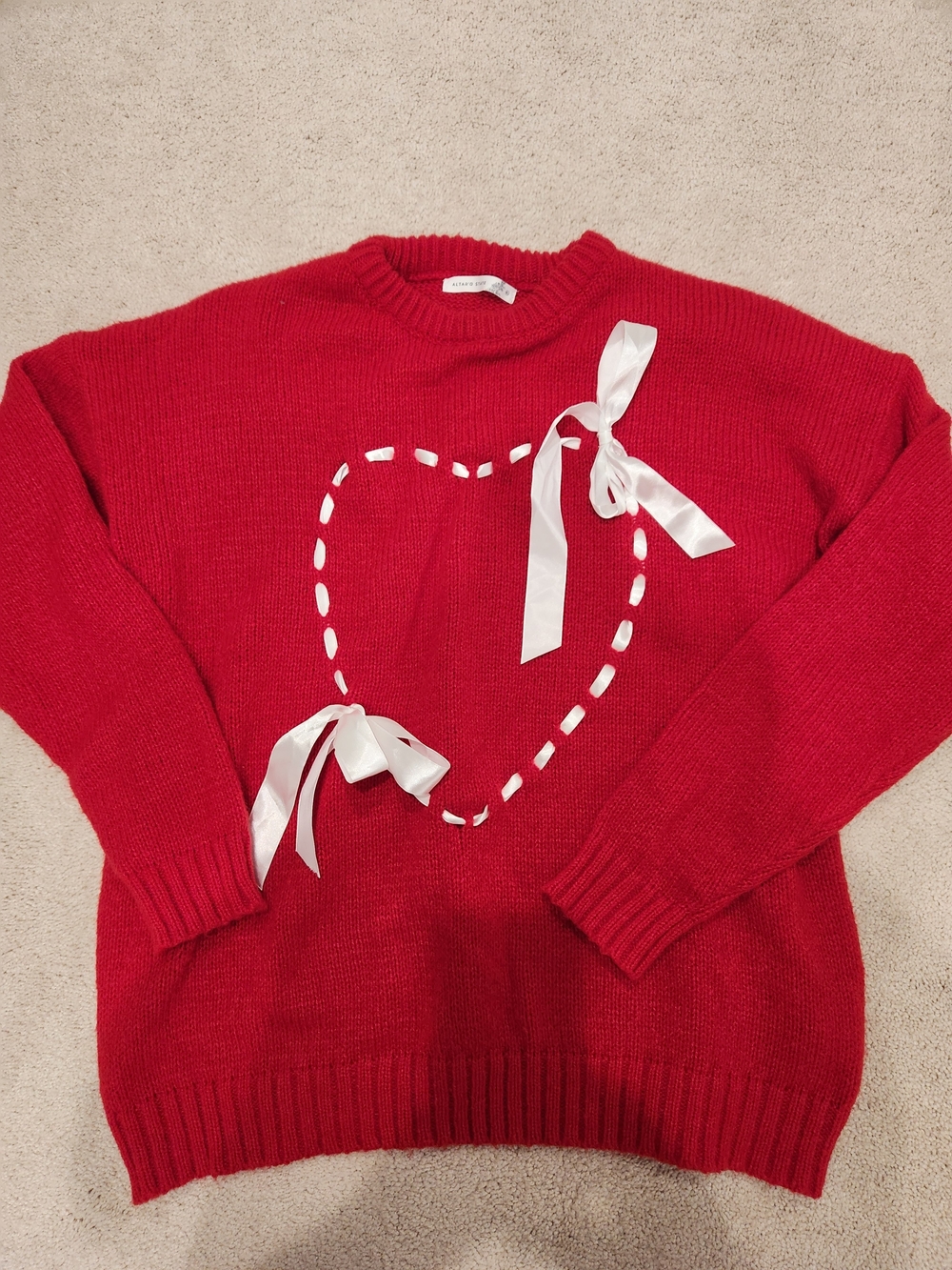 Altar'd State Red Crewneck Sweater with Satin Heart Ribbon Detail